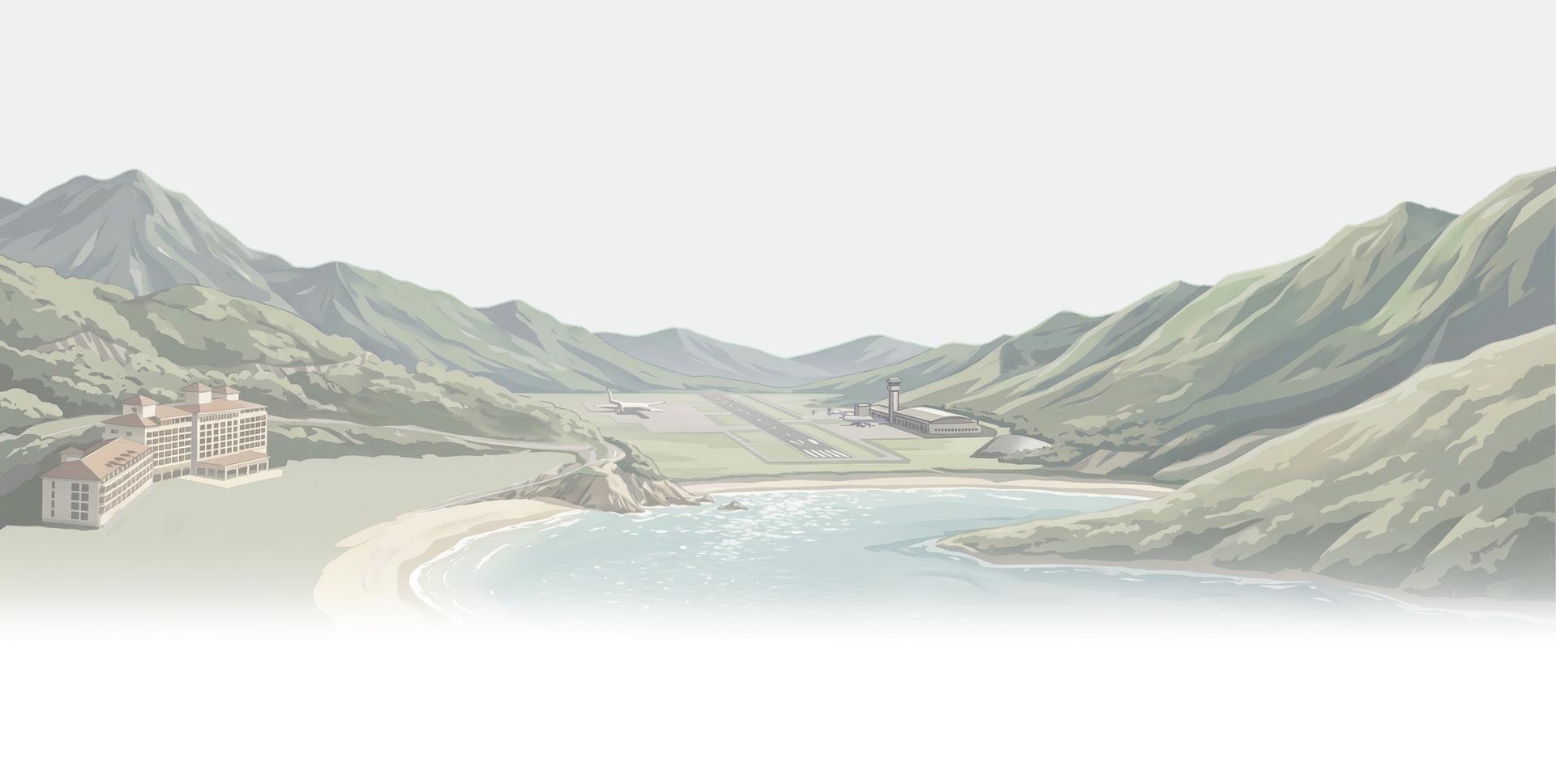 Aviation landscape with mountains, beach, and runway